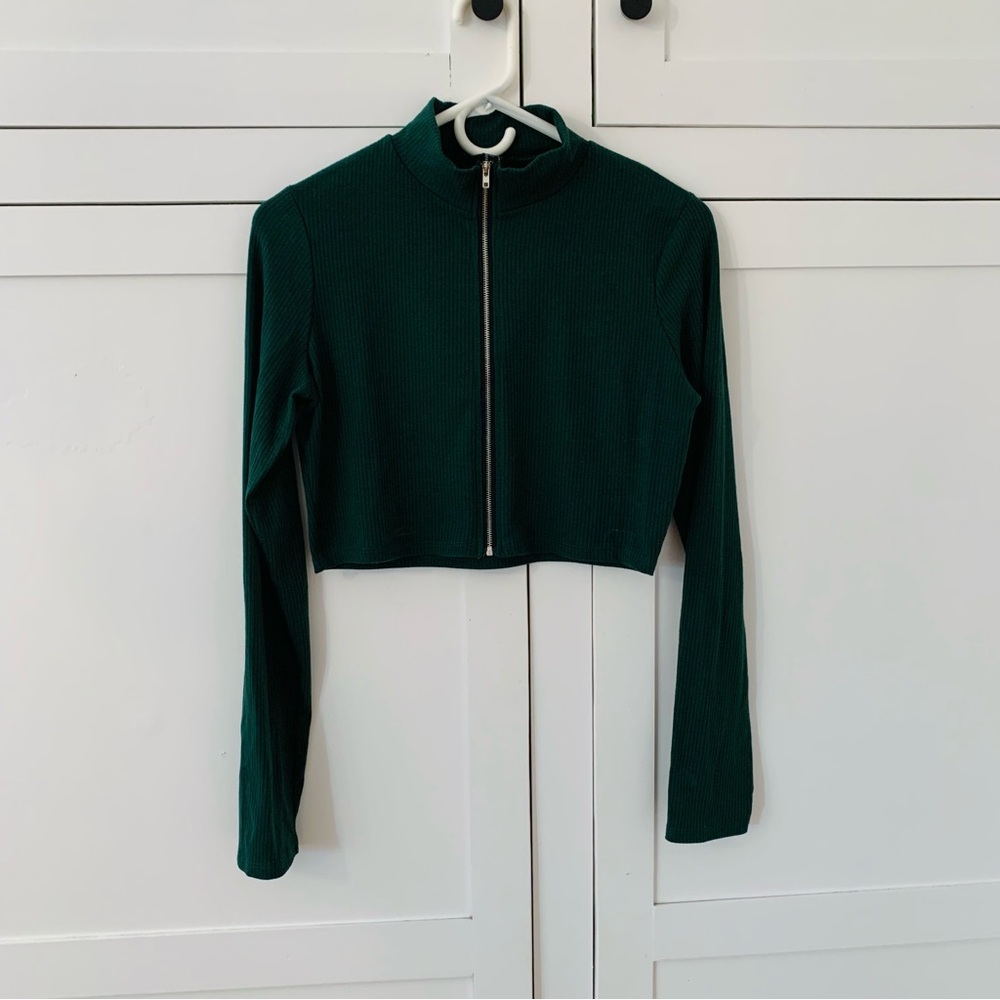 Publik Green Ribbed Crop Zip Up Long Sleeve Top Size Large